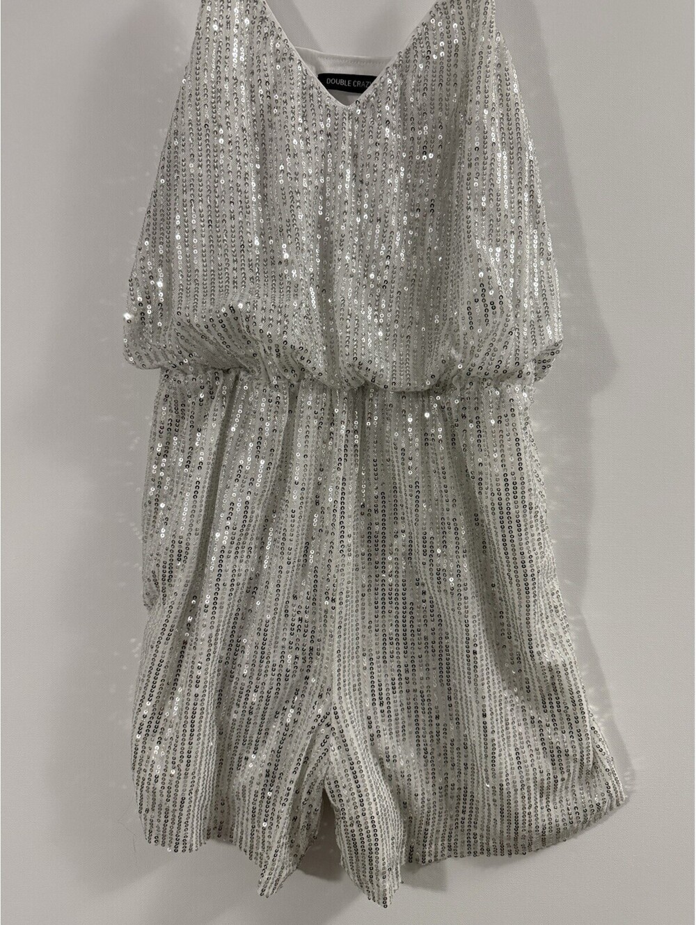 Double Crazy Womens M Silver Sequin V Neck Spaghetti Strap Party Romper Dress